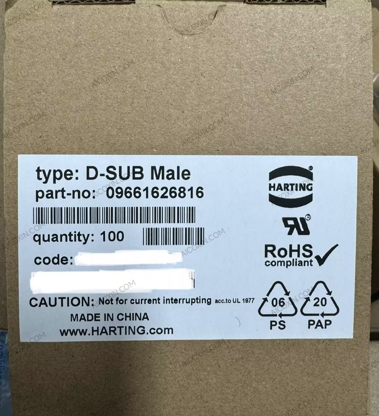 HARTING 09661626816 9-Contact 7.5A Low-Profile Right-Angle Male D-Sub PCB Connector