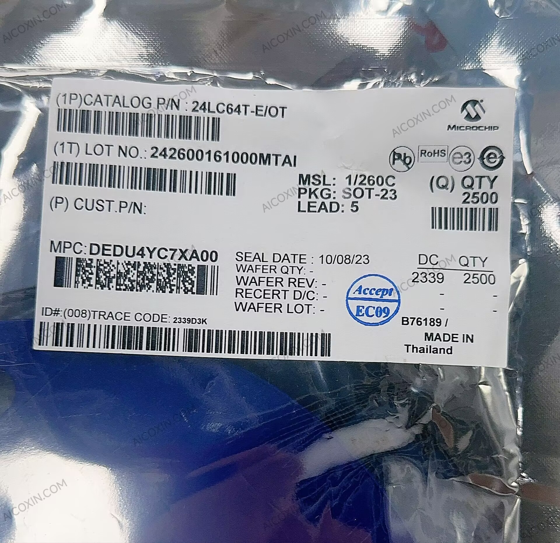 Microchip 24LC64T-E/OT 64Kbit I2C EEPROM SOT-23-5